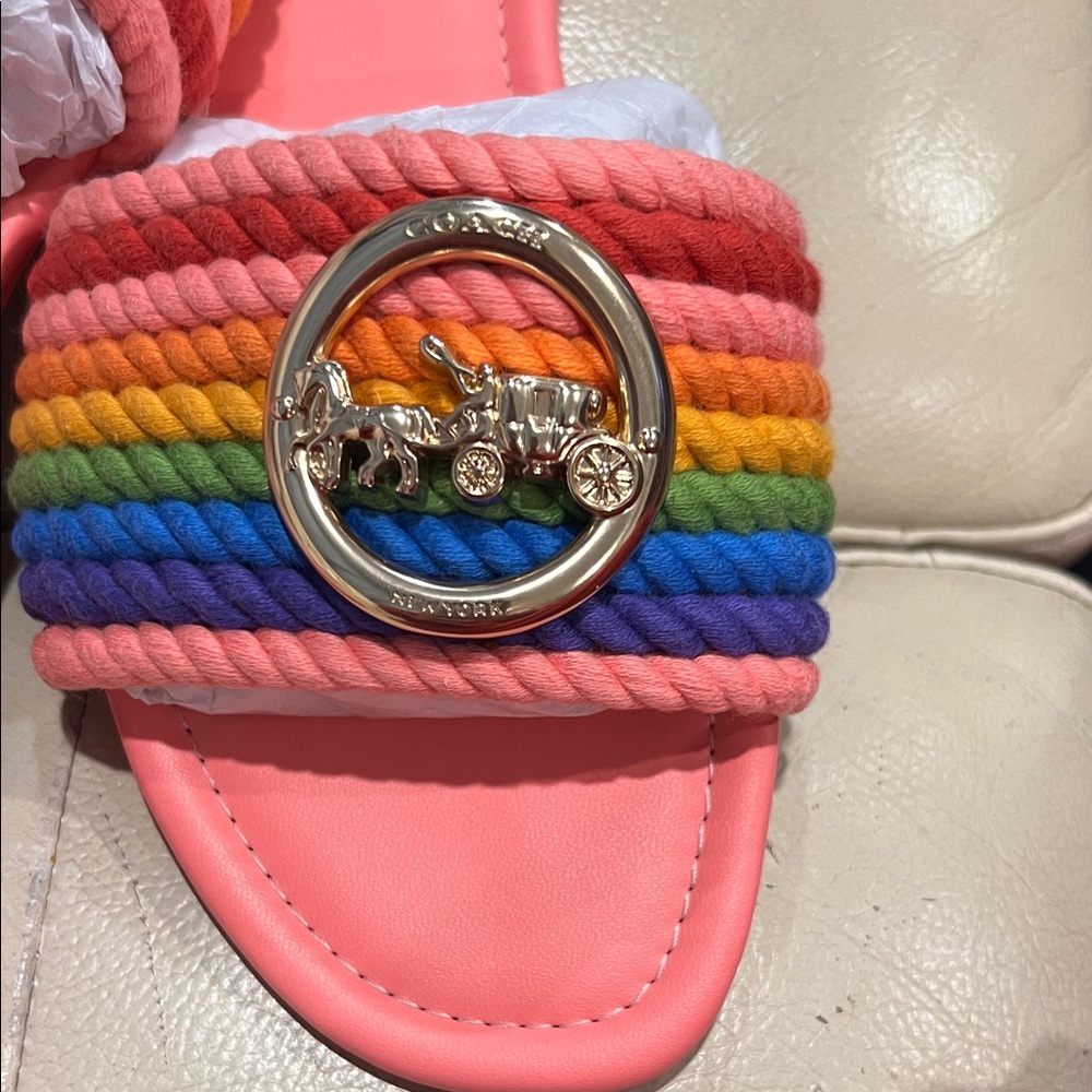 COACH Jolie Pink Rainbow Rope Slide Sandals NWOT / NWOB - Picture 2 of 11